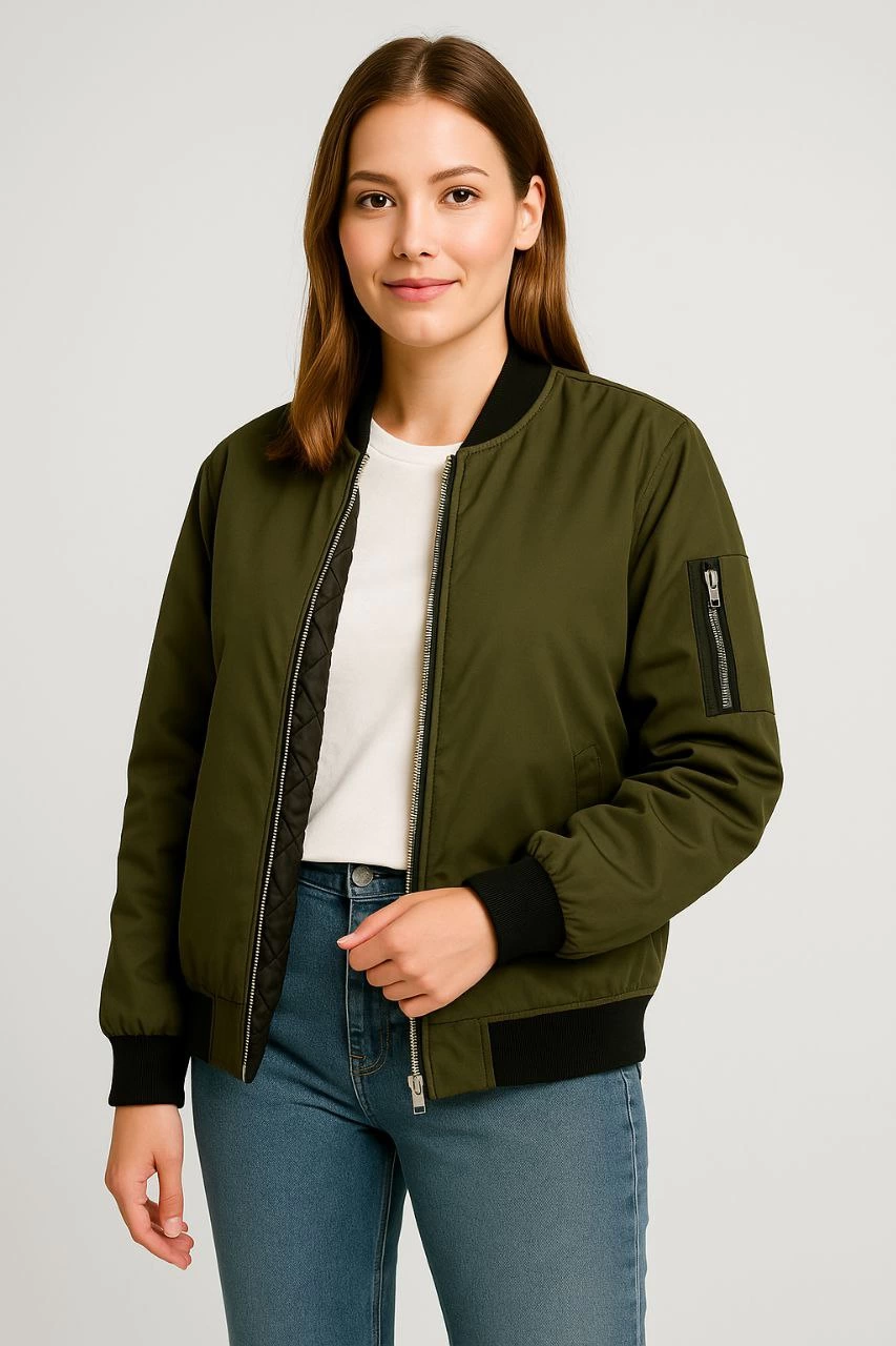 ASSEMA Kadın Bomber Mont Ceket Fermuarlı Kapitone İçi Astarlı Su İtici Regular Fit Yandan - Haki