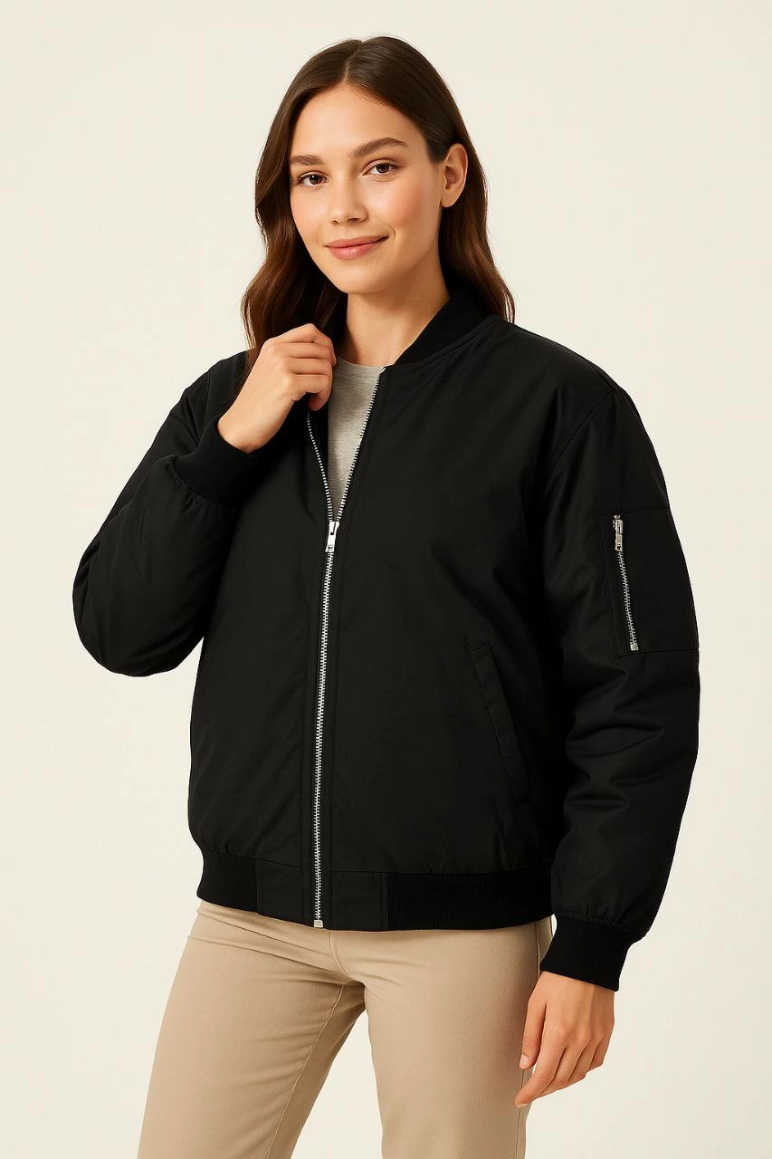 ASSEMA Kadın Bomber Mont Ceket Fermuarlı Kapitone İçi Astarlı Su İtici Regular Fit Yandan - Siyah