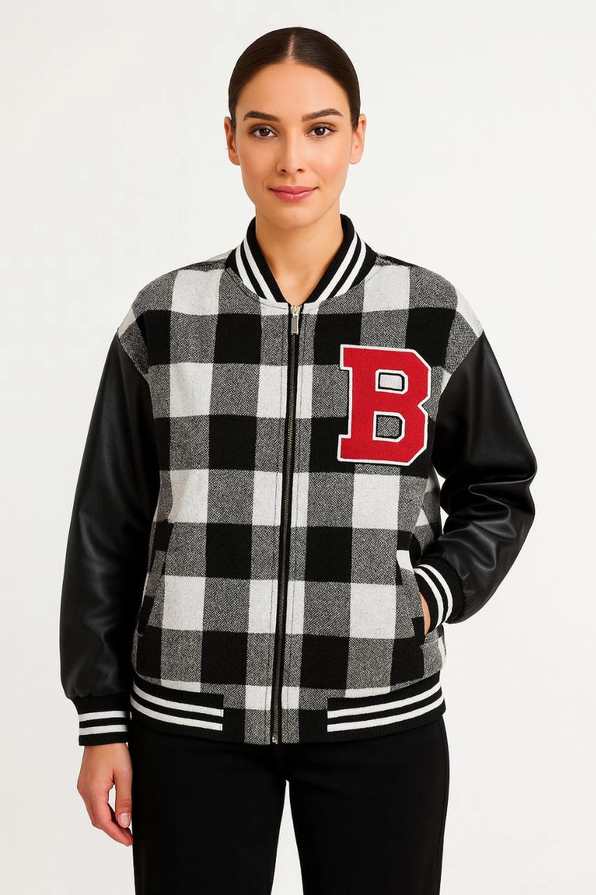 ASSEMA Kadın Kolej Ceket Kareli Oduncu Kolları Suni Deri Fermuarlı İçi Kapitone Astarlı - Gri