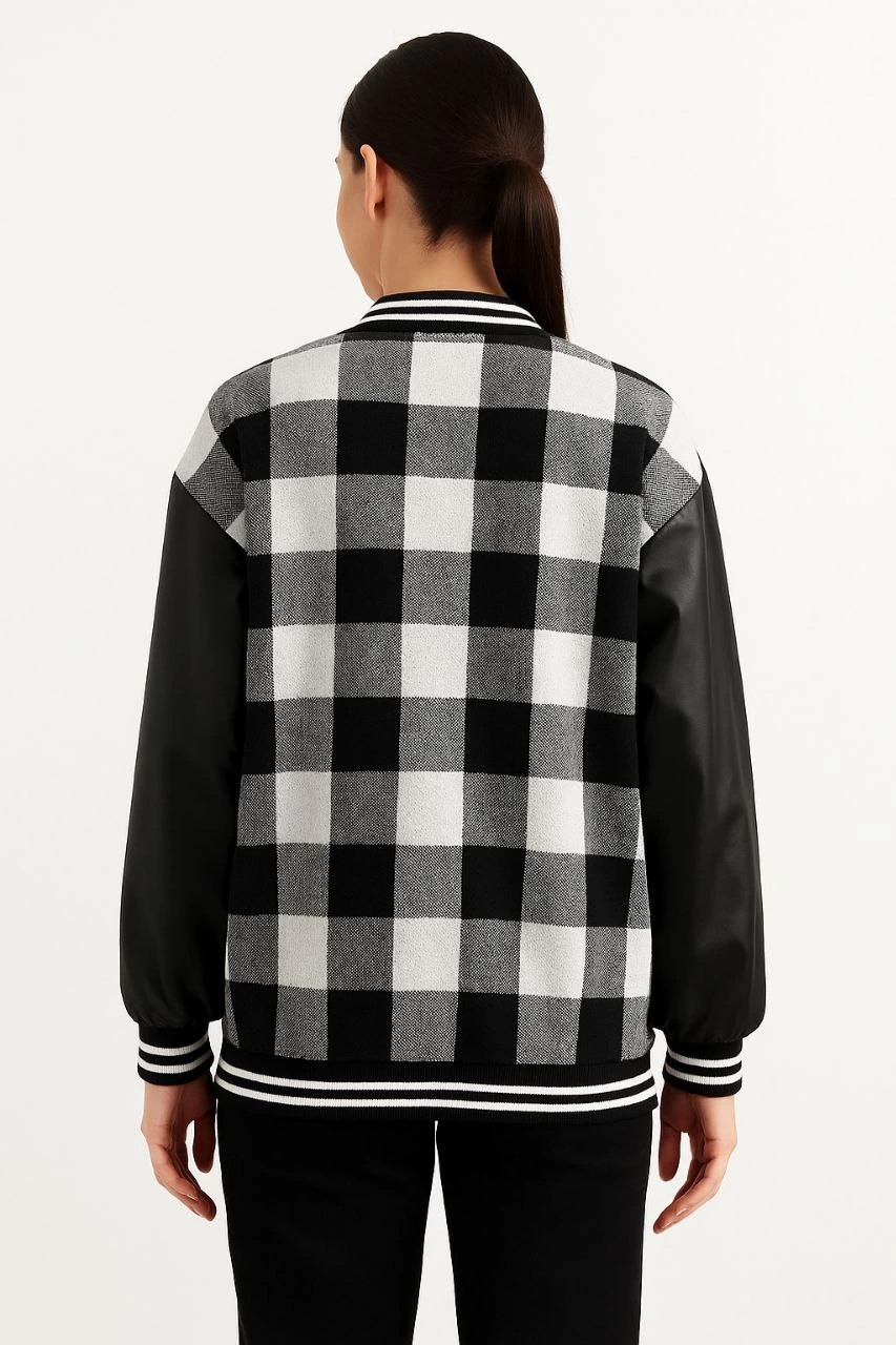 ASSEMA Kadın Kolej Ceket Kareli Oduncu Kolları Suni Deri Fermuarlı İçi Kapitone Astarlı - Gri