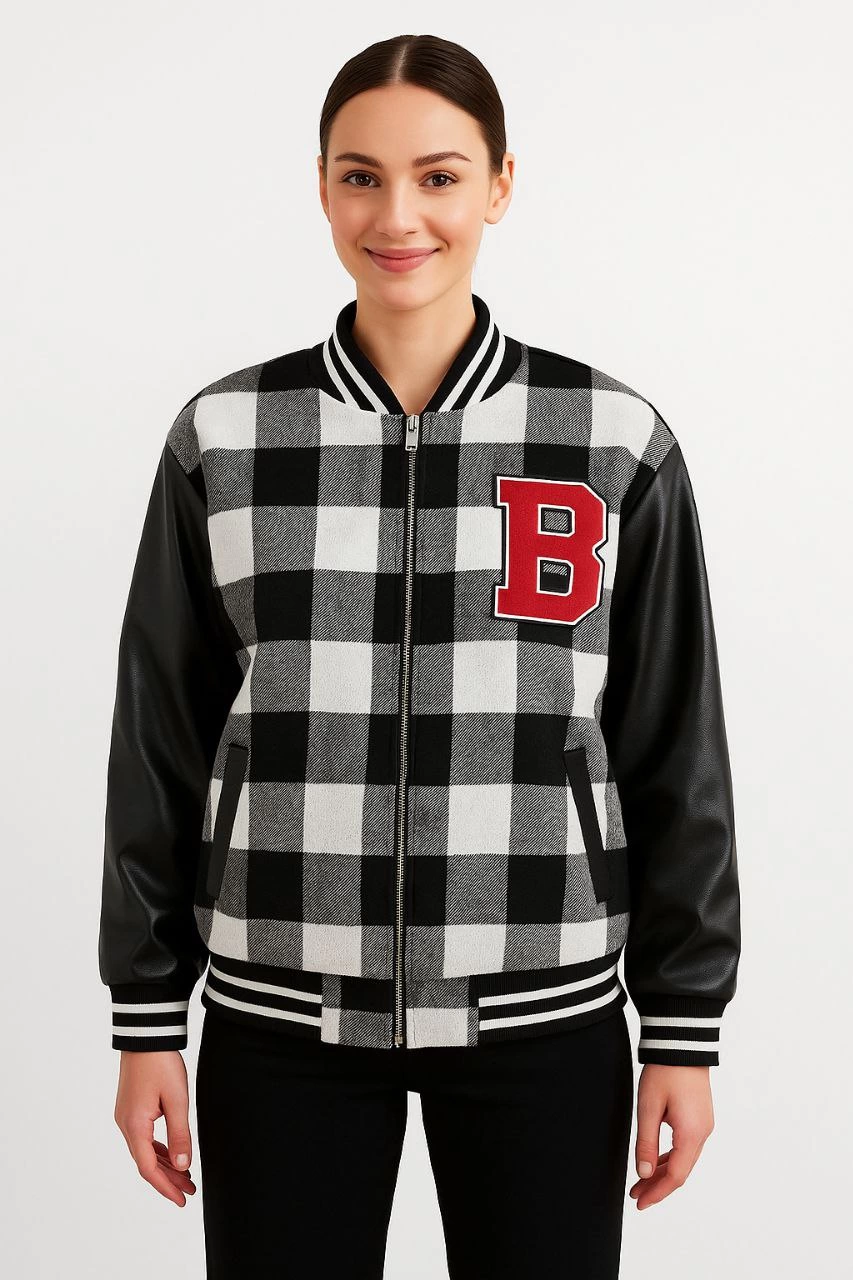 ASSEMA Kadın Kolej Ceket Kareli Oduncu Kolları Suni Deri Fermuarlı İçi Kapitone Astarlı - Gri