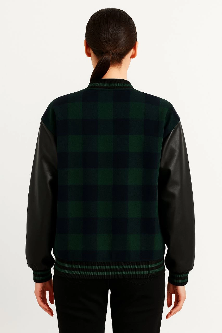 ASSEMA Kadın Kolej Ceket Kareli Oduncu Kolları Suni Deri Fermuarlı İçi Kapitone Astarlı - Haki