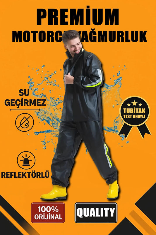 ASSEMA Erkek Premium Motorcu Kurye Yağmurluk Takım Su Geçirmez PVC Kumaş Reflektörlü  - Siyah